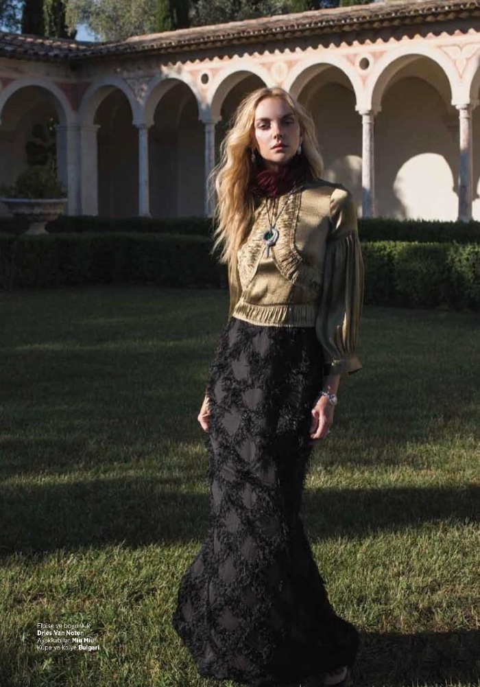 Heather Marks models Dries van Noten top and skirt