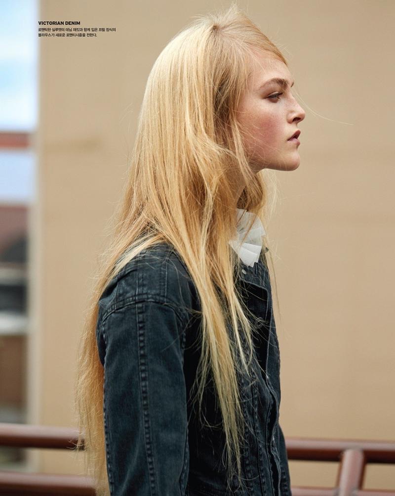 Jean Campbell wears denim jacket from Burberry