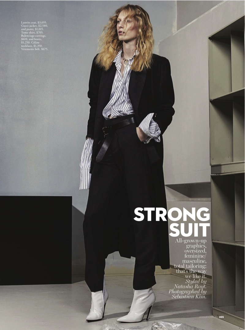 Model Julia Nobis poses in menswear inspired looks for the fashion editorial
