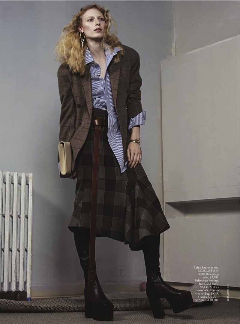 Layering up, Julia Nobis wears Ralph Lauren jacket and shirt with Balenciaga skirt and boots