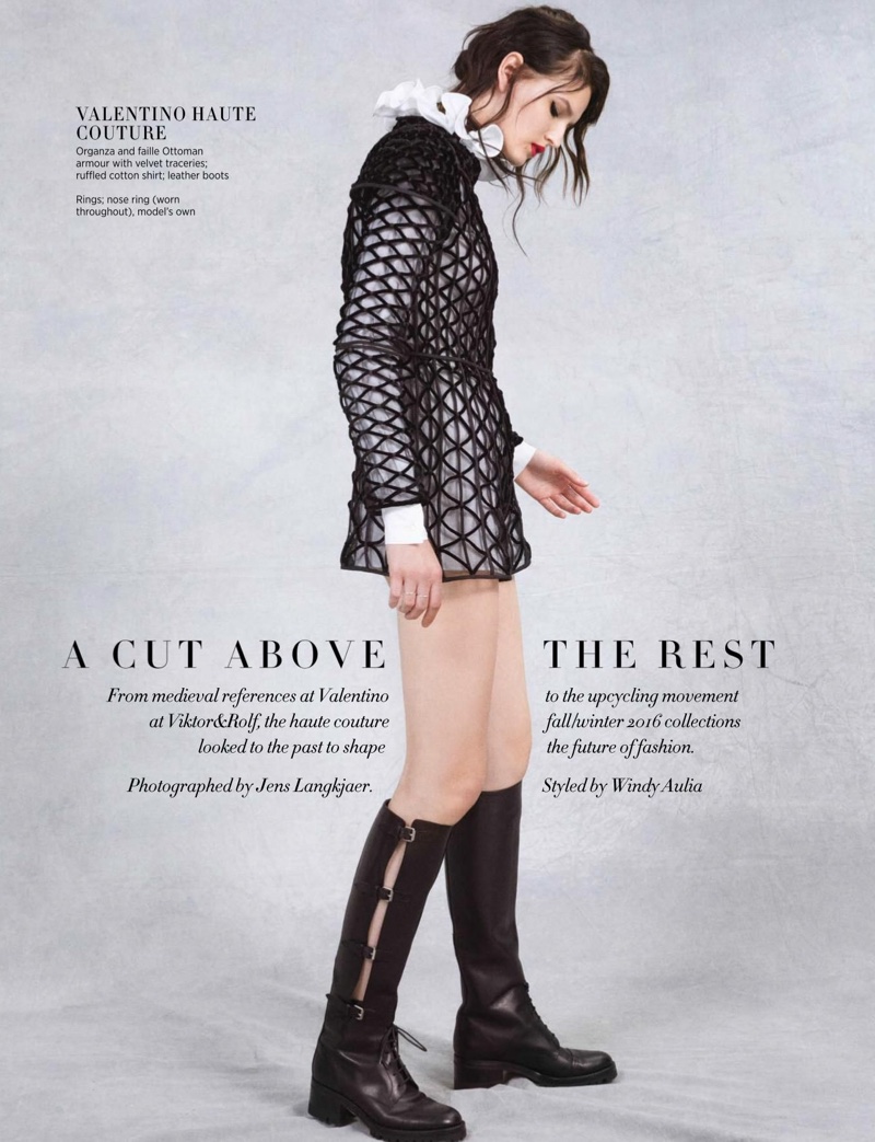 The model poses in fall haute couture looks for the fashion editorial