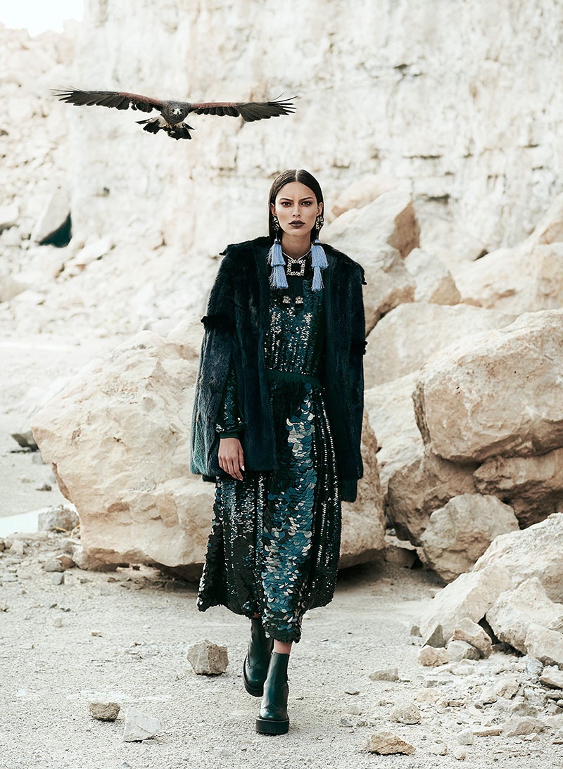 Lizzy Salt models Fendi fur cape, Rochas sequin dress and shoes