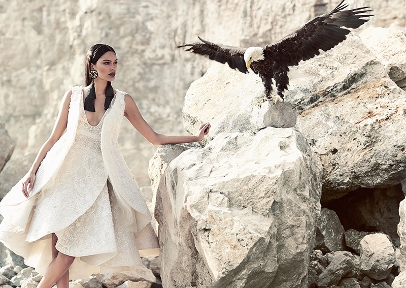 Model Lizzy Salt wears Ashi Studio Couture dress and DSquared2 earrings