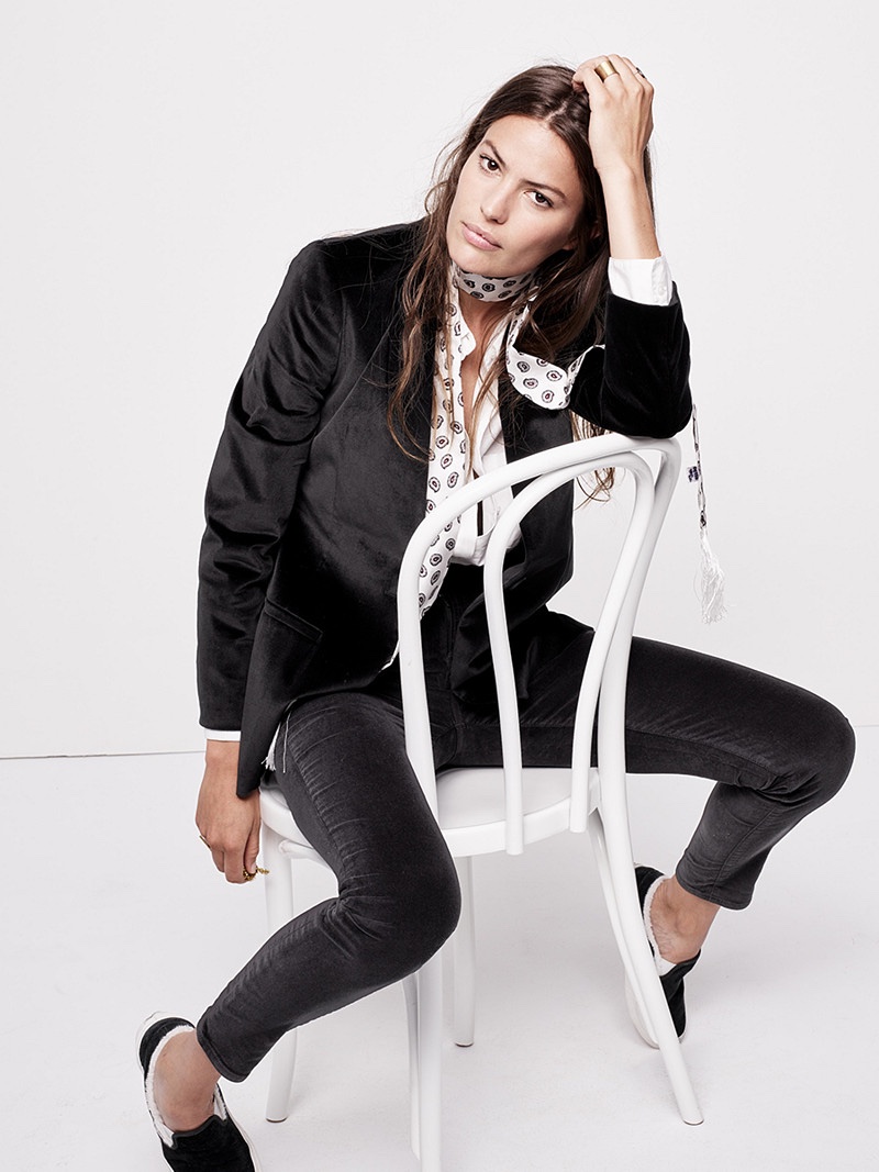 Madewell Velvet Blazer, Drapey Oversized Boyshirt in Pure White, 9” High-Rise Skinny Jeans in Velvet, Silk Skinny Scarf in Paisley and Vans Weatherized Suede Slip-On Sneakers