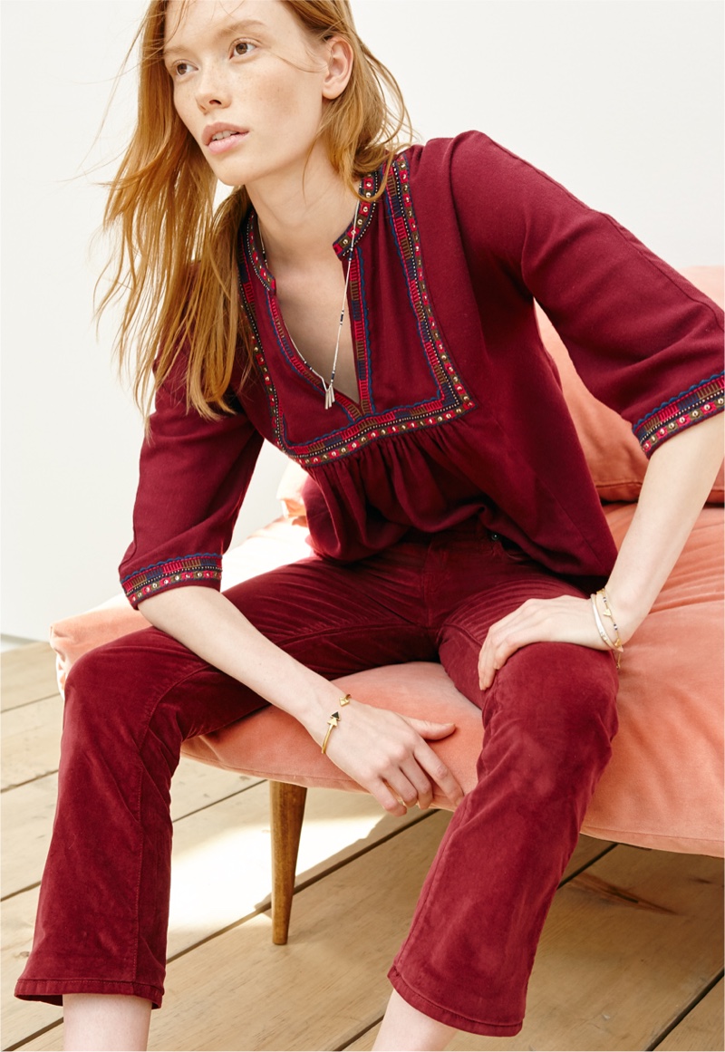 Madewell Embroidered Bohéme Popover Shirt and Cali-Demi Boot Jeans in Velvet