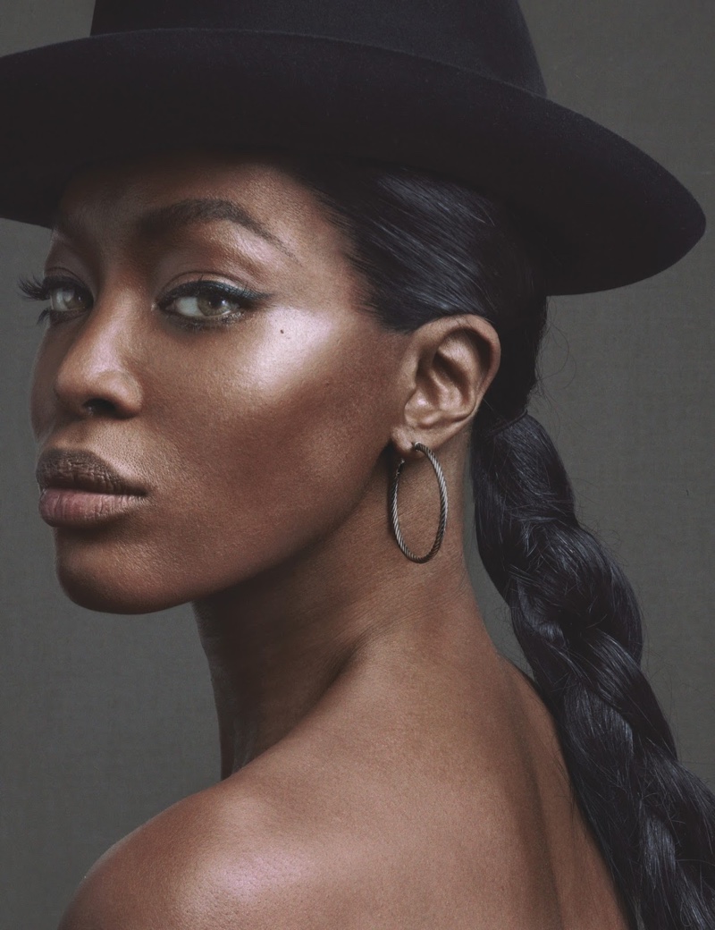 Getting her closeup, Naomi Campbell wears Stetson hat and David Yurman earrings