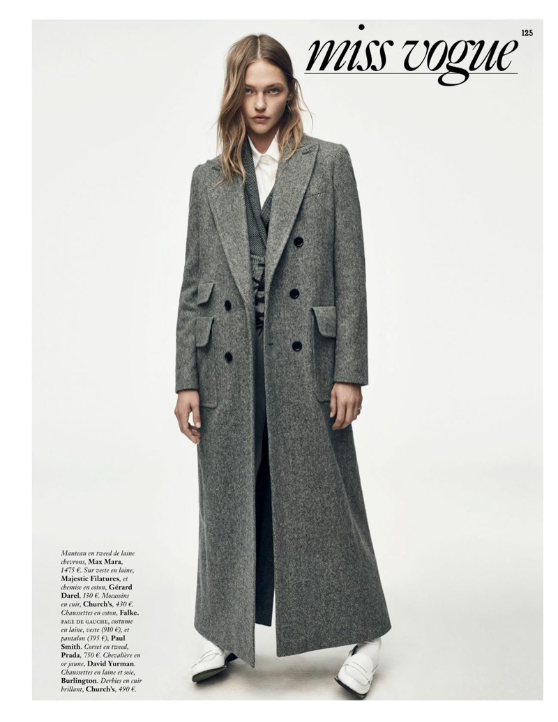 Sasha Pivovarova poses in menswear inspired looks for the fashion editorial