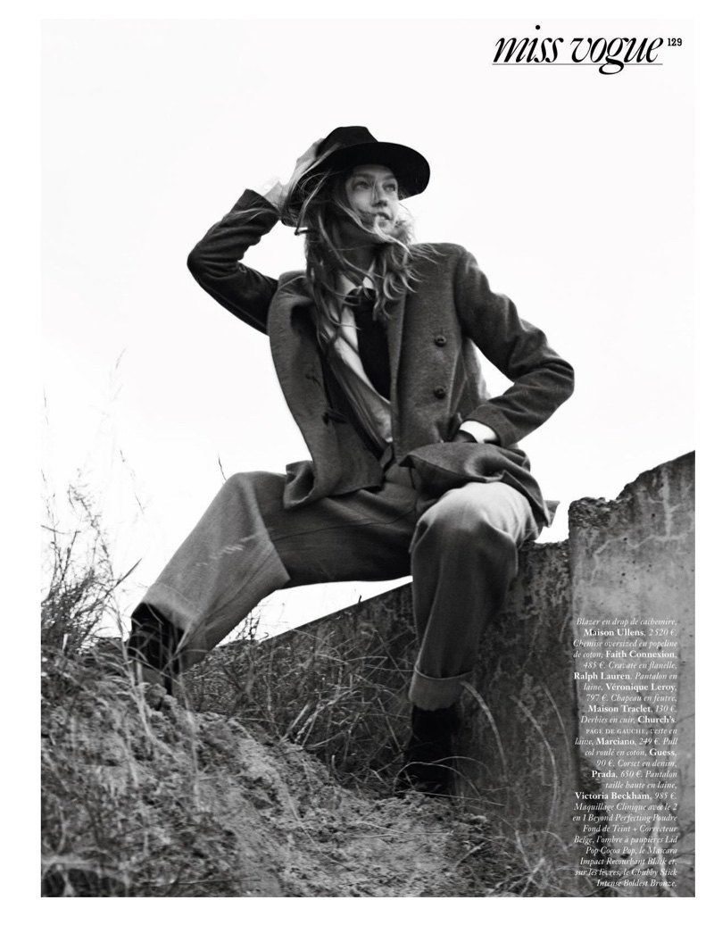 Model Sasha Pivovarova wears an oversized blazer from Maison Ullens