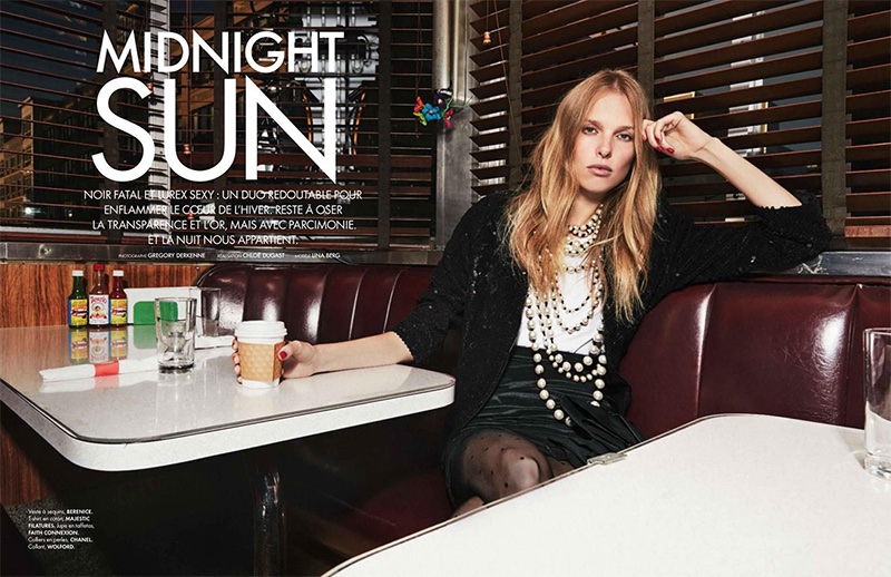 Lina Berg models Berenice sequin jacket with Majestic Filatures t-shirt and Faith Connexion skirt