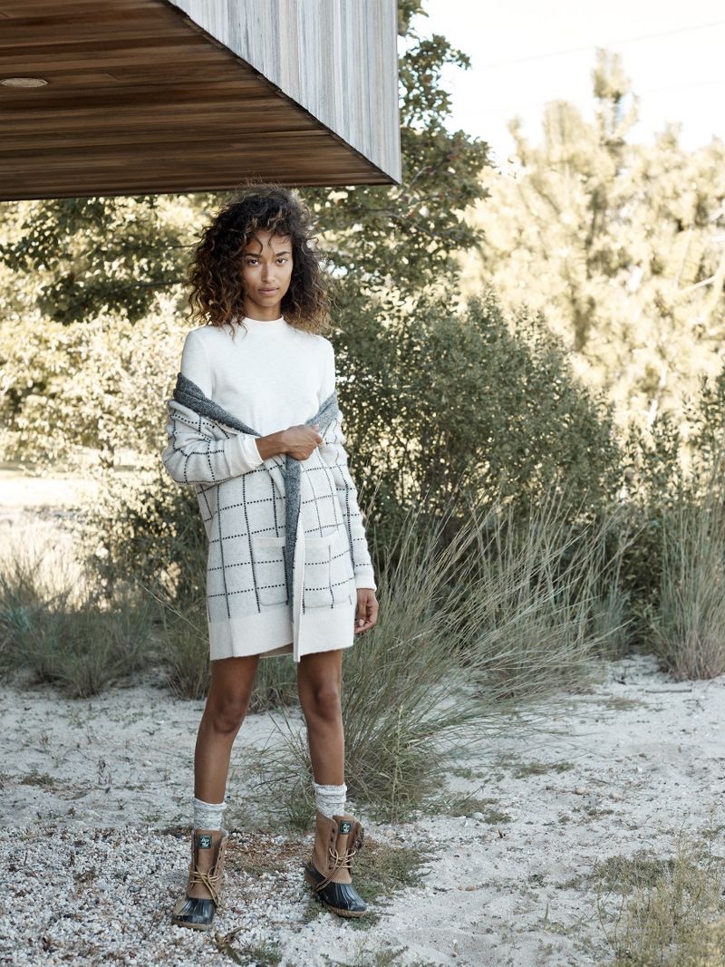 Madewell Ryder Cardigan Sweater in Bird’s-Eye Windowpane, Melodic Mockneck Tee, Marled Boot Socks and Madewell x G.H. Bass & Co. Mallard Duck Boots