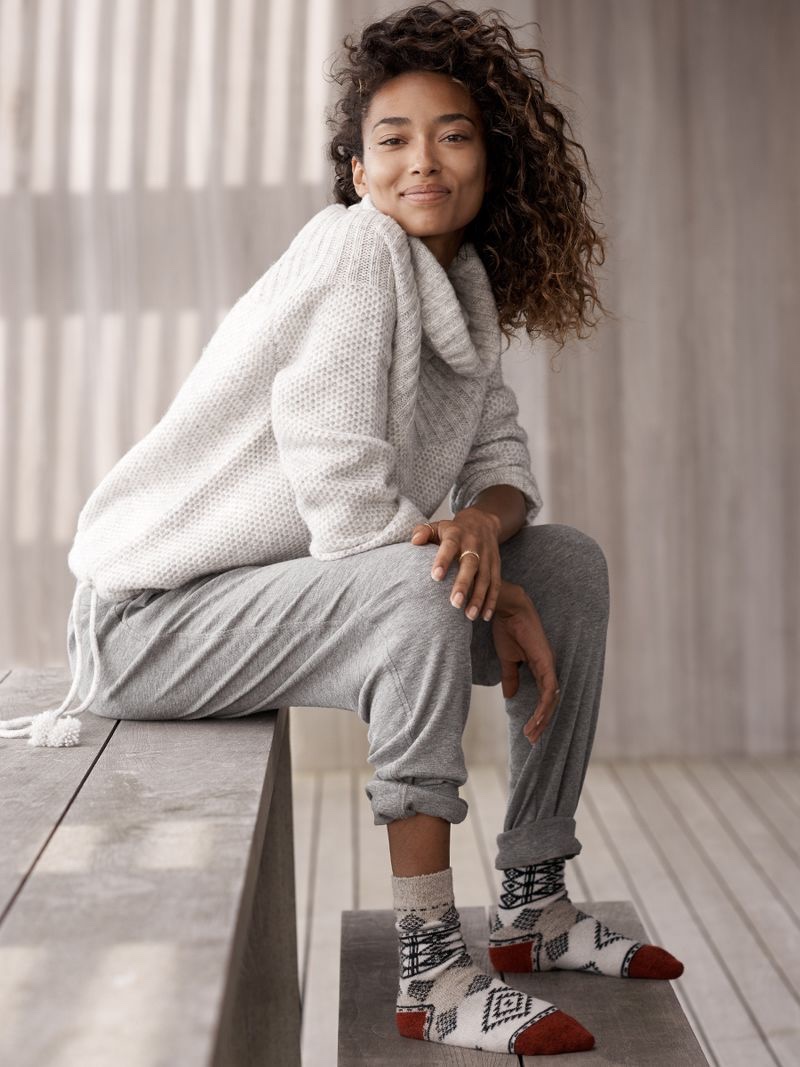Madewell Snowbound Drawstring Pullover Sweater, Stay-In Pajama Pants and Diamond Carpet Trouser Socks
