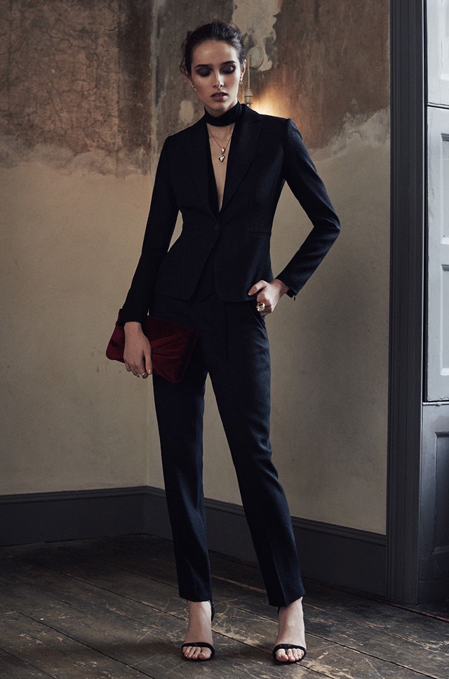 REISS Simona Jacket and Trouser, Malva Crystal Embellished Heels, Bridie Double Pendant Gold Necklace and Beau Velvet Clutch