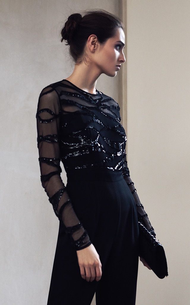 REISS Salie Embellished Jumpsuit in Black and Mina Beaded Evening Bag