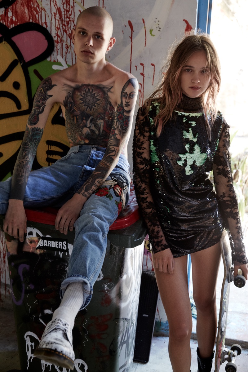 Rosie Tupper poses with Felix in a TOME turtleneck and Emporio Armani palette dress