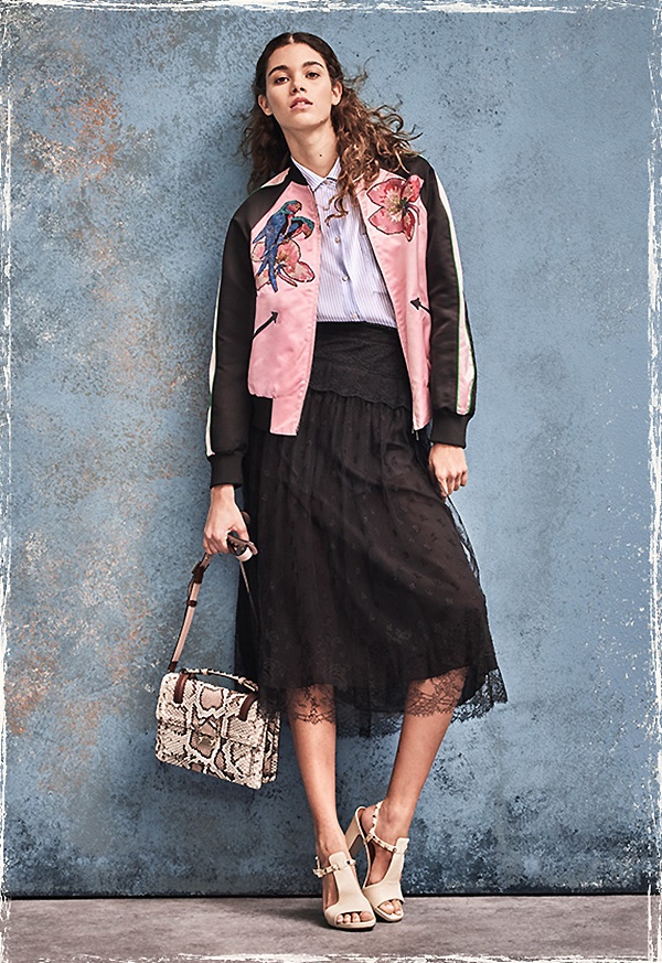 Valentino Embroidered Silk Varsity Jacket, Draped-Back Silk Blouse, Flowers Lace Skirt, Small Lock Python Top-Handle Shoulder Bag and Rockstud Cutout Leather Block-Heel Slingbacks