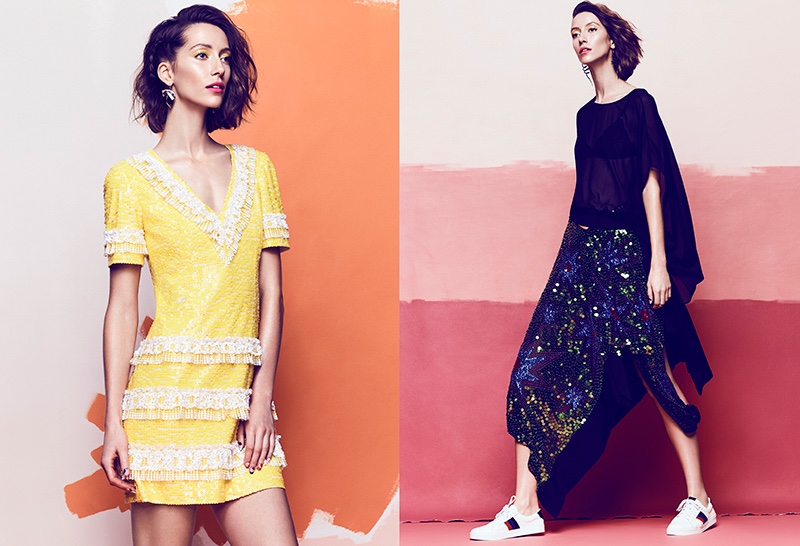 (Left) Alana Zimmer wears Chanel sequin dress (Right) The model poses in Preen by Thornton Bregazzi top and skirt