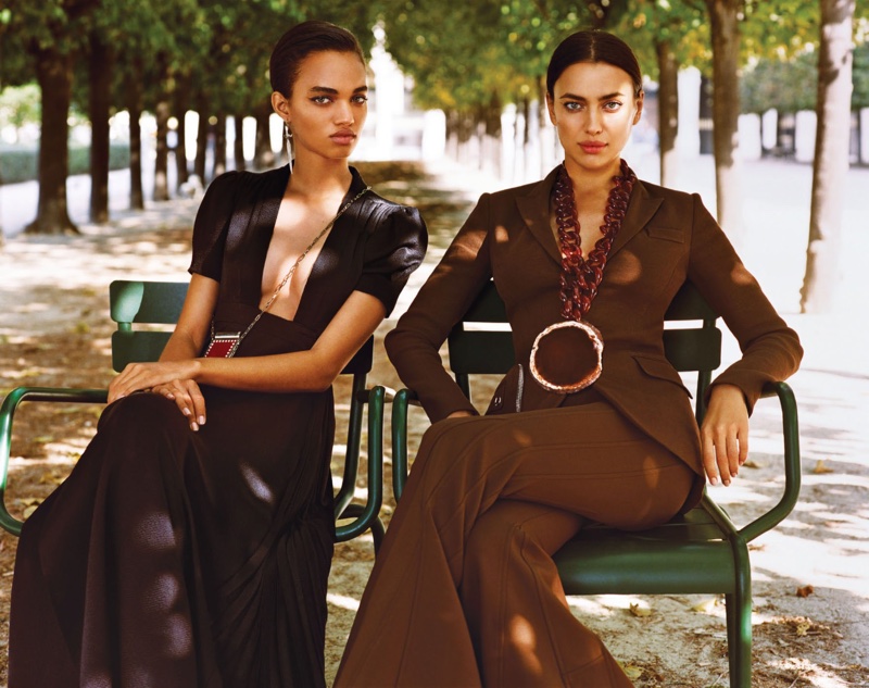 Ellen Rosa models Valentino dress, earrings and bag. Irina Shayk suits up in Givenchy jacket, trousers and necklace.