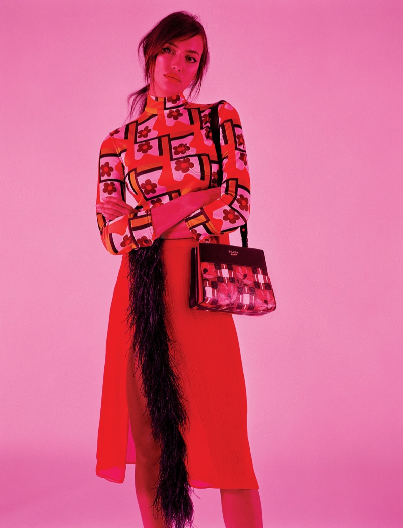 Irina Shayk embraces floral prints with Prada top, skirt and bag