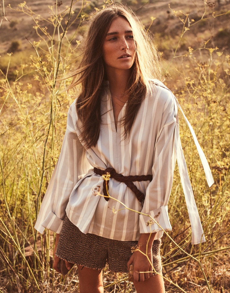 Josephine le Tutour poses in Joseph top and Chloe shorts