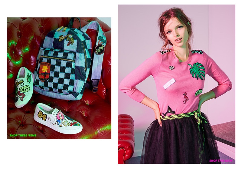 (Left) Marc Jacobs Mercer Slip On Sneakers and Denim Biker Backpack (Right) Marc Jacobs Scoop Crew Neck Sweater, Tulle Skirt and Safety Pin Layered Chain Stud Earrings