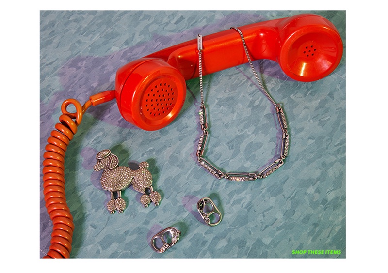 Marc Jacobs Large Poodle Brooch, Strass Safety Pin Link Necklace and Strass Soda Lid Stud Earrings