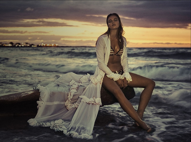 Rosie Assoulin Twisted-Ruffle Cotton Gown, Anna Kosturova Bikini Top and Briefs