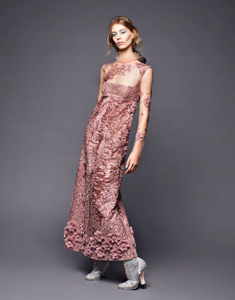 Ondria Hardin models floral embellished dress from Fendi Haute Couture