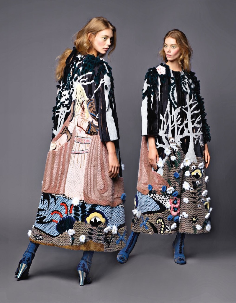 Model Ondria Hardin poses in Fendi embroidered fur coat and boots