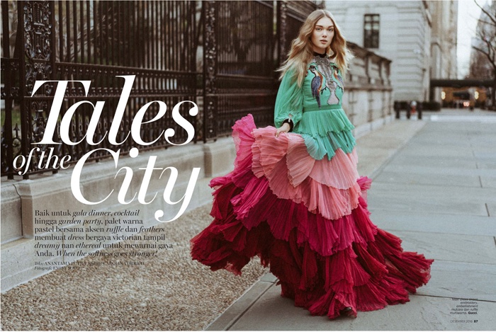 Puck Loomans models Gucci multi-colored dress