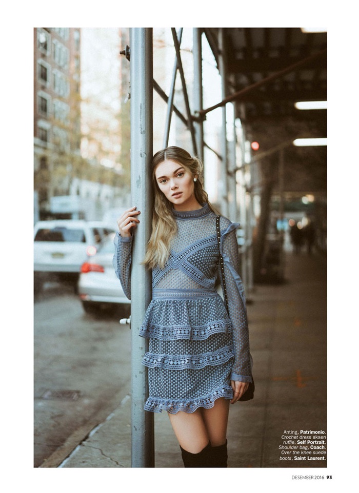 Puck Loomans models Self-Portrait crochet dress and Saint Laurent suede boots