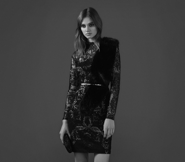 REISS Asabi Bodycon Dress in Midnight, Laska Faux-Fur Scarf in Charcoal and Broadway Suede Met-Detail Belt