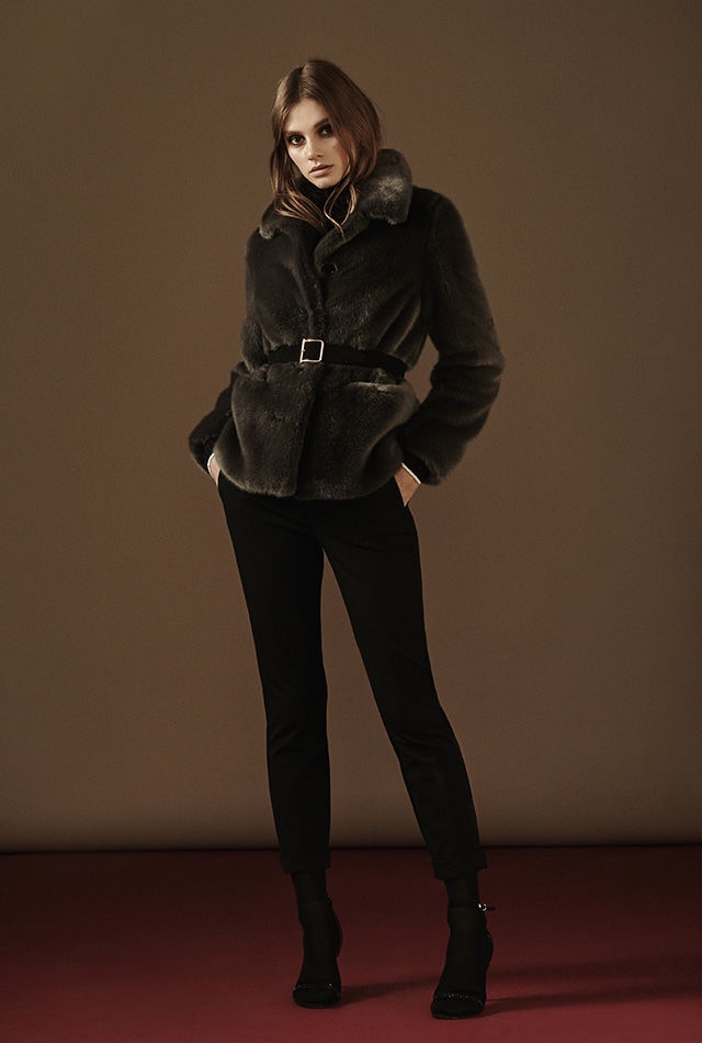 REISS Alexia Faux Fur Coat in Grey, Olins Ribbed Roll-Neck, Spencer Slim-Leg Trousers, Otis Wide Suede Belt and Malva Crystal Embellished Sandal
