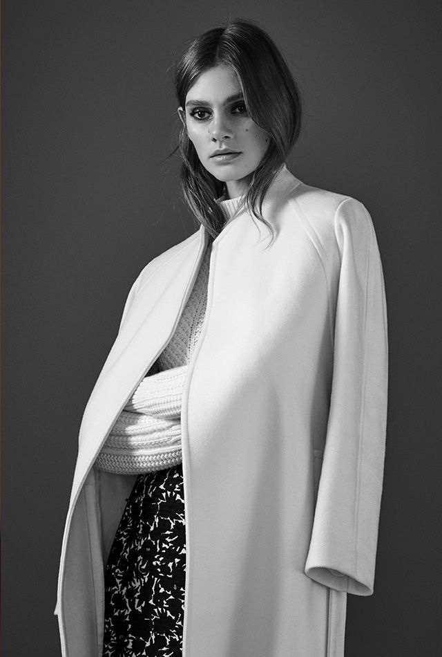 REISS Fiona Wrap-Front Coat, Wynn High-Neck Cable Knit Sweater and Naomi Jacquard Wrap Skirt