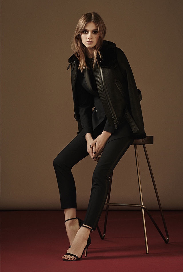 REISS Nell Shearling Biker Jacket, Rockie Tux Jacket, Mell Textured Long-Sleeve Top, Rockie Tux Trouser and Malva Crystal Embellished Sandals