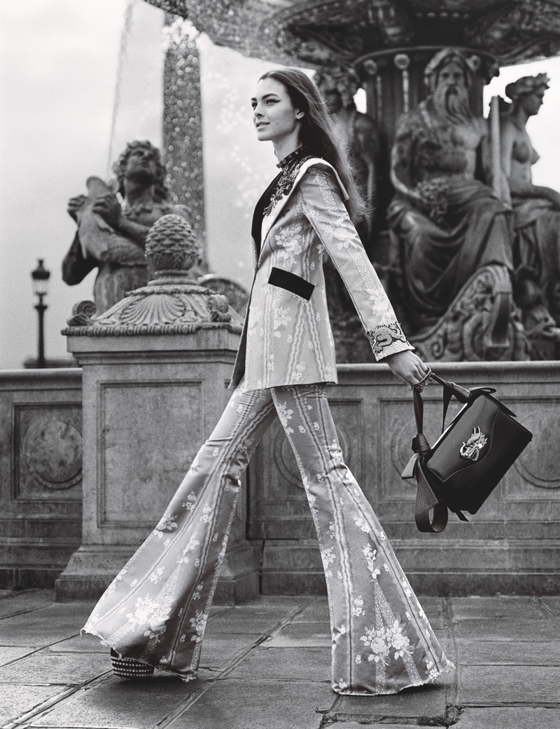 Vittoria Ceretti suits up in Gucci pantsuit, jewelry, bag and platforms