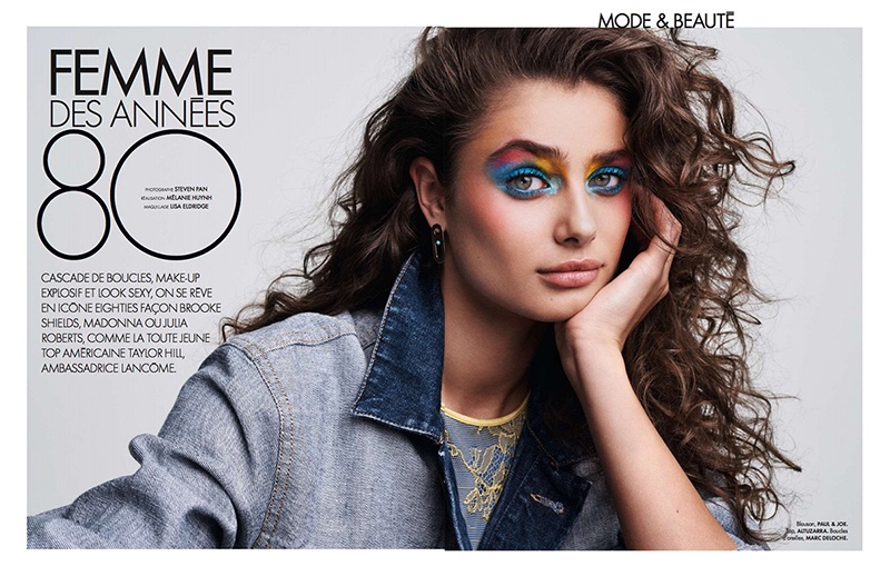 Model Taylor Hill poses in 1980's inspired looks for the fashion editorial