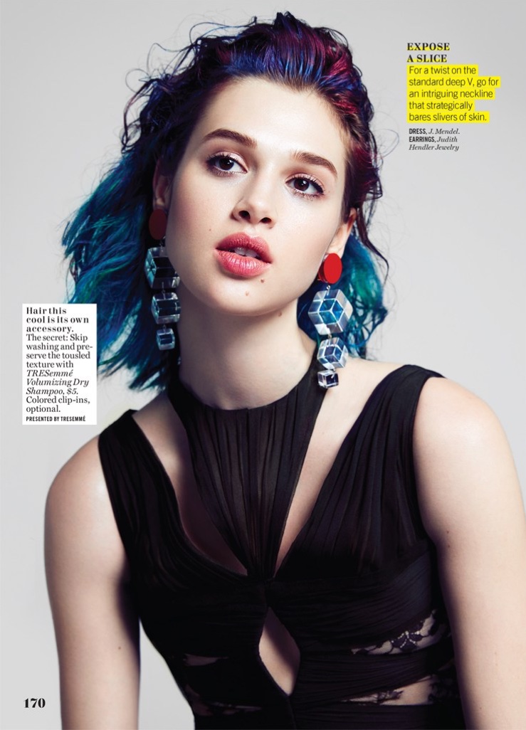 Getting her closeup, Anais Pouliot models J. Mendel dress, Judith Handler Jewelry earrings