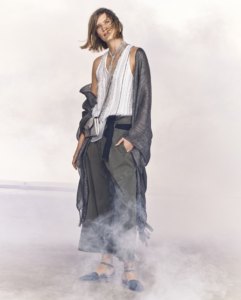 Brunello Cucinellli Metallic Fringe Shawl, Monili-Stripe Textured V-Neck Tank, Long Multi-Strand Monili Wrap Necklace and High-Waist Cropped Culottes