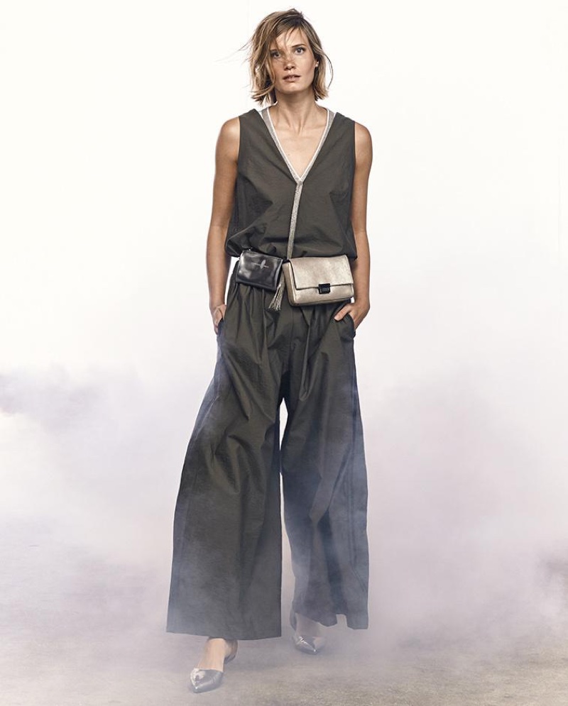 Brunello Cucinellli Sleeveless Silk Tunic with Monili Necklace, Poplin Wide-Leg-Sleeveless Jumpsuit and Metallic Leather Double-Pouch Belt Bag