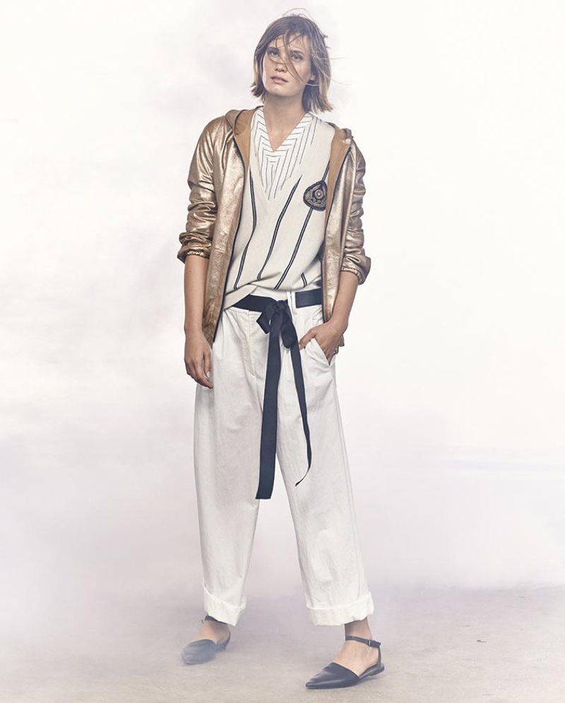 Brunello Cucinellli Hooded Metallic Leather Jacket, Striped Cashmere V-Neck Cardigan, Striped V-Neck Ruffled-Hem Tank and Lightweight Wide-Leg Cropped Pants