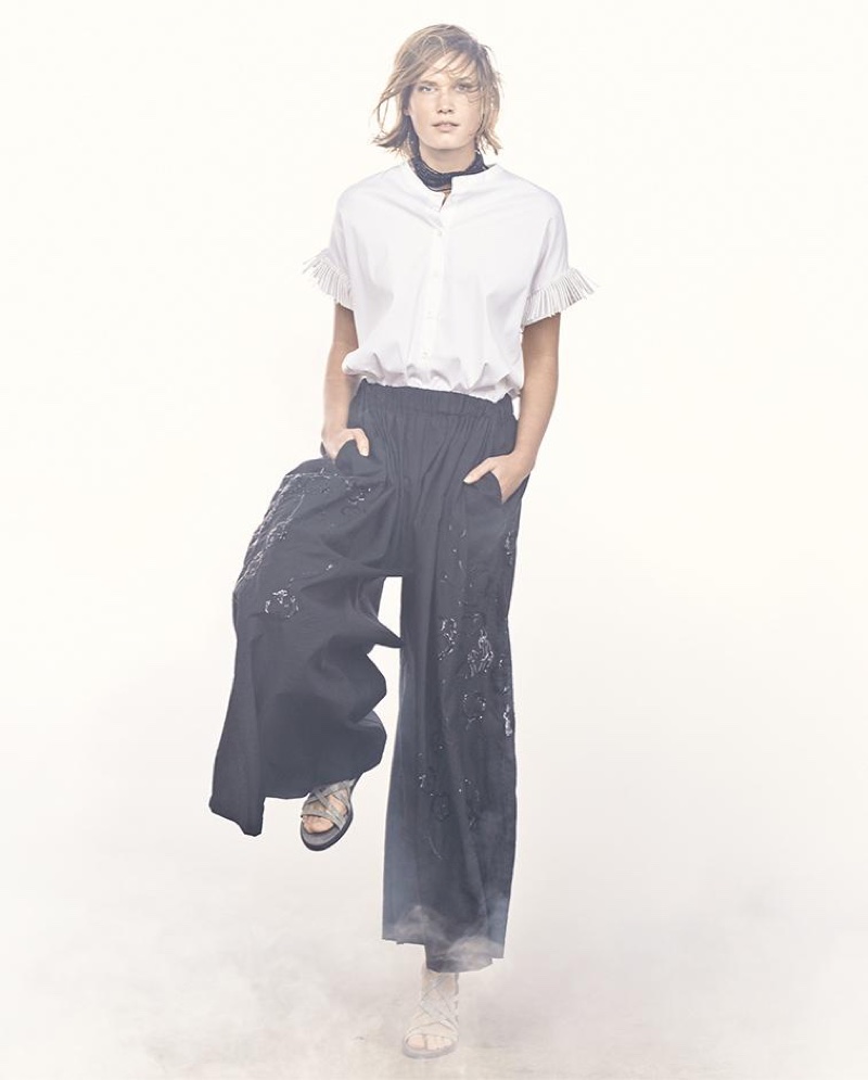 Brunello Cucinellli Agate Multi-Strand Beaded Choker Necklace, Oversized Mandarin-Collar Blouse and Paillette-Embellished Wide-Leg Pants