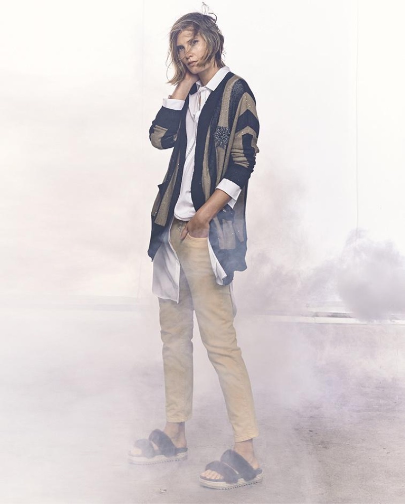 Brunello Cucinellli Sequined Collegiate-Stripe Cardigan, Monili-Trim Side-Slit Long Tunic, Long Multi-Strand Monili Fringe Necklace and Garment-Dyed Cropped Jeans
