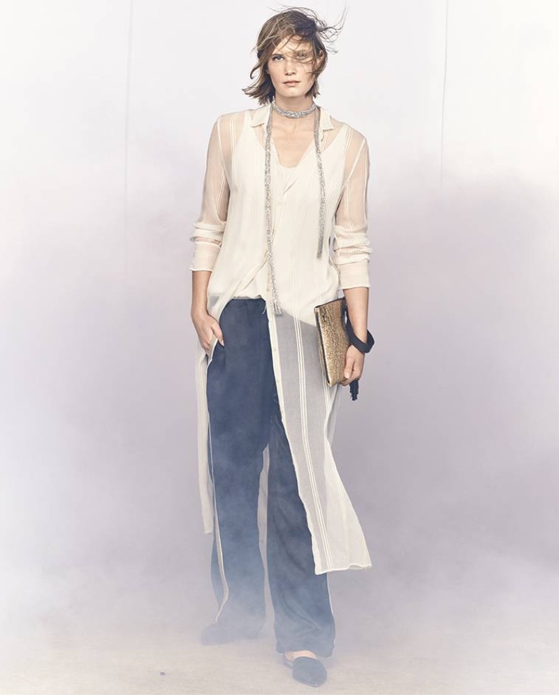 Brunello Cucinellli Long Multi-Strand Monili Wrap Necklace, Striped Sheer Silk Maxi Shirt and Satin Track-Stripe Wide-Leg Pants