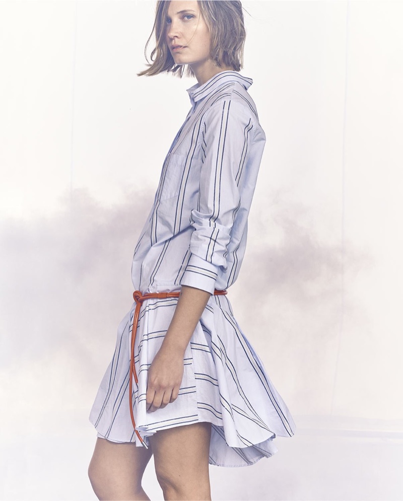 Brunello Cucinellli Micro-Paillette Striped Shirtdress and Glossy Leather Tie Belt with Loop