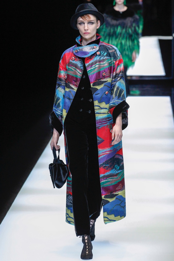 Printed coat, velvet jacket and pants from Giorgio Armani’s fall-winter 2017 collection