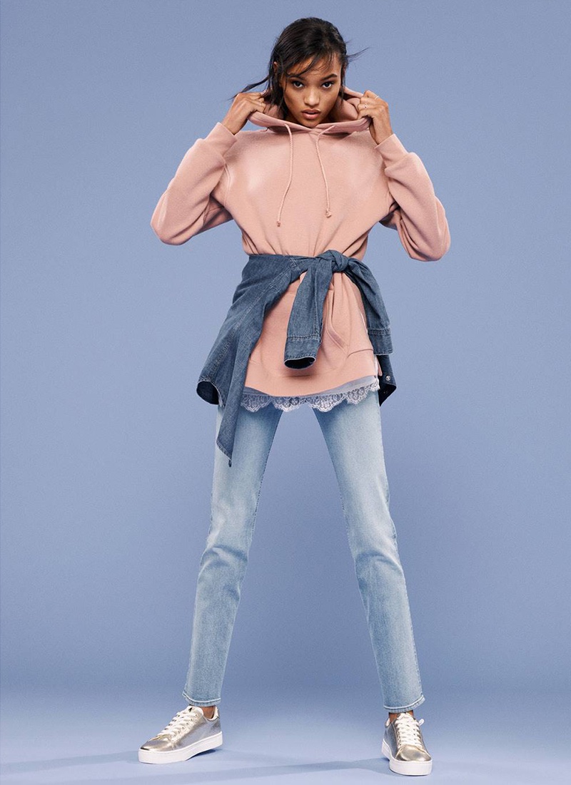 H&M Hooded Sweatshirt, Camisole Top with Lace, Denim Shirt (worn around waist), Straight Regular Jeans and Gold-Colored Sneakers