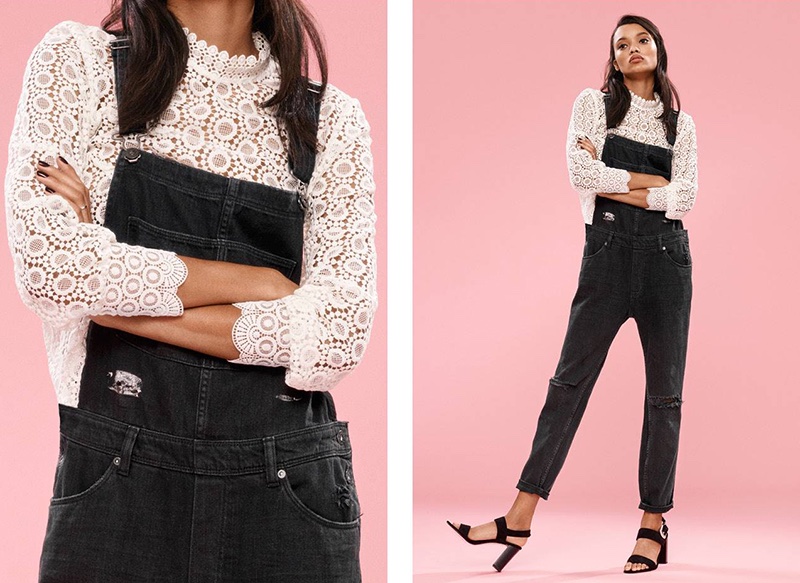 H&M Lace Blouse, Denim Overalls and Imitation Suede Sandals