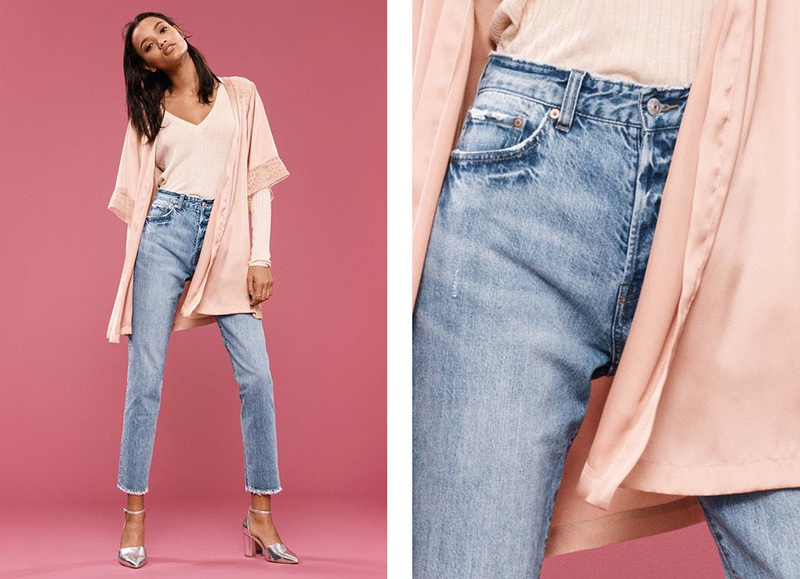 H&M Satin Kimono, Rib-Knit Sweater, Vintage High Cropped Jeans and Open-Sided Pumps