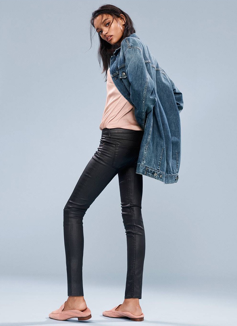 H&M Denim Jacket, Satin Camisole Top with Lace, Coated Skinny Low Jeans and Suede Loafers