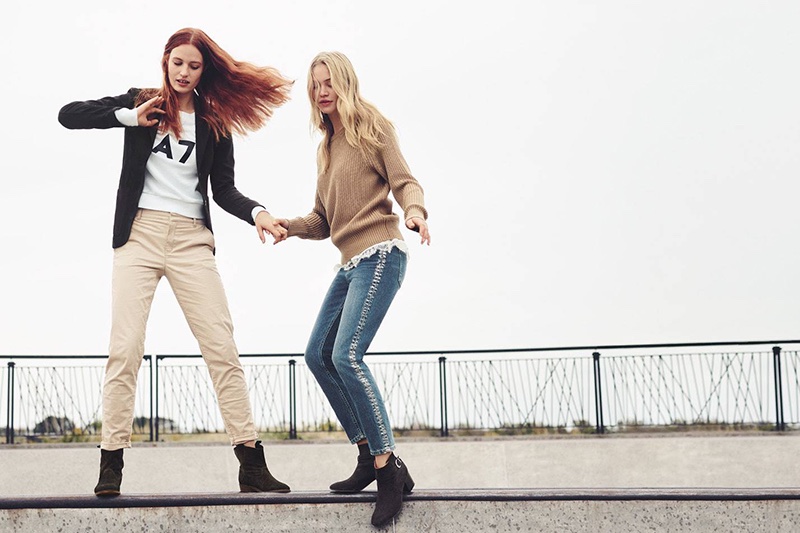 (Left) H&M Cotton Twill Jacket, Sweatshirt with Printed Design, Chinos and Suede Boots (Right) Patent-Knit Sweater, Camisole Top with Lace, Straight High Waist Jeans and Ankle Boots